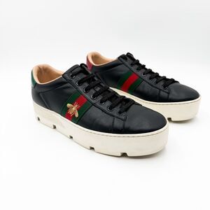 Gucci Ace Web Accent Platform Sneaker Black Leather Trainers Bee EU 40 US 10